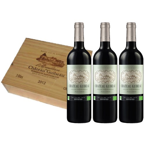 3 x bottle Chateau Guibeau Organic Wine in a Branded Wooden box